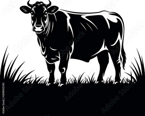 Majestic Black Angus Cow in Silhouette Standing Tall in a Grassy Pasture Illustration