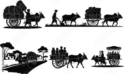 Ox cart silhouettes, rural transportation, traditional farming, village scene, hay cart, passenger cart, black vector illustration, countryside life, agriculture, clipart