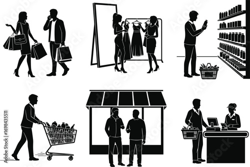 Retail shopping scenes, grocery store checkout, fashion boutique try-on, market negotiation, supermarket cart, customer interaction, urban lifestyle, commerce illustration, black and white vector