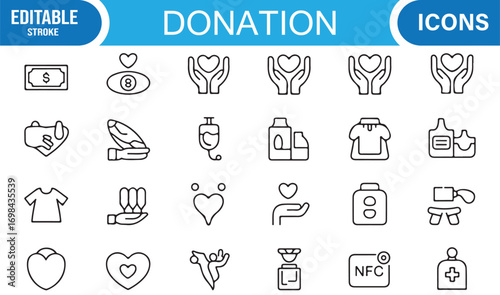 Volunteer and giving outline icons set featuring food, medicine, and community aid symbols
