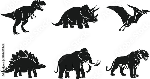 Prehistoric animal silhouettes, dinosaur vector icons, extinct species illustration, black cartoon shapes of mammoth, saber-toothed cat, pteranodon, triceratops, stegosaurus