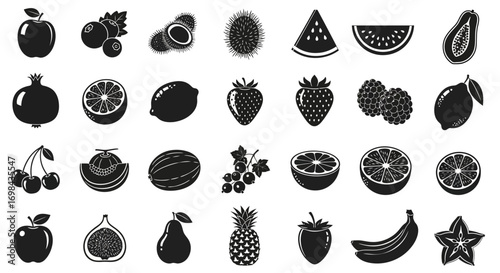 A collection of various fruits depicted as black and white vector icons arranged in rows. Includes apples, berries, watermelon, and tropical fruits.