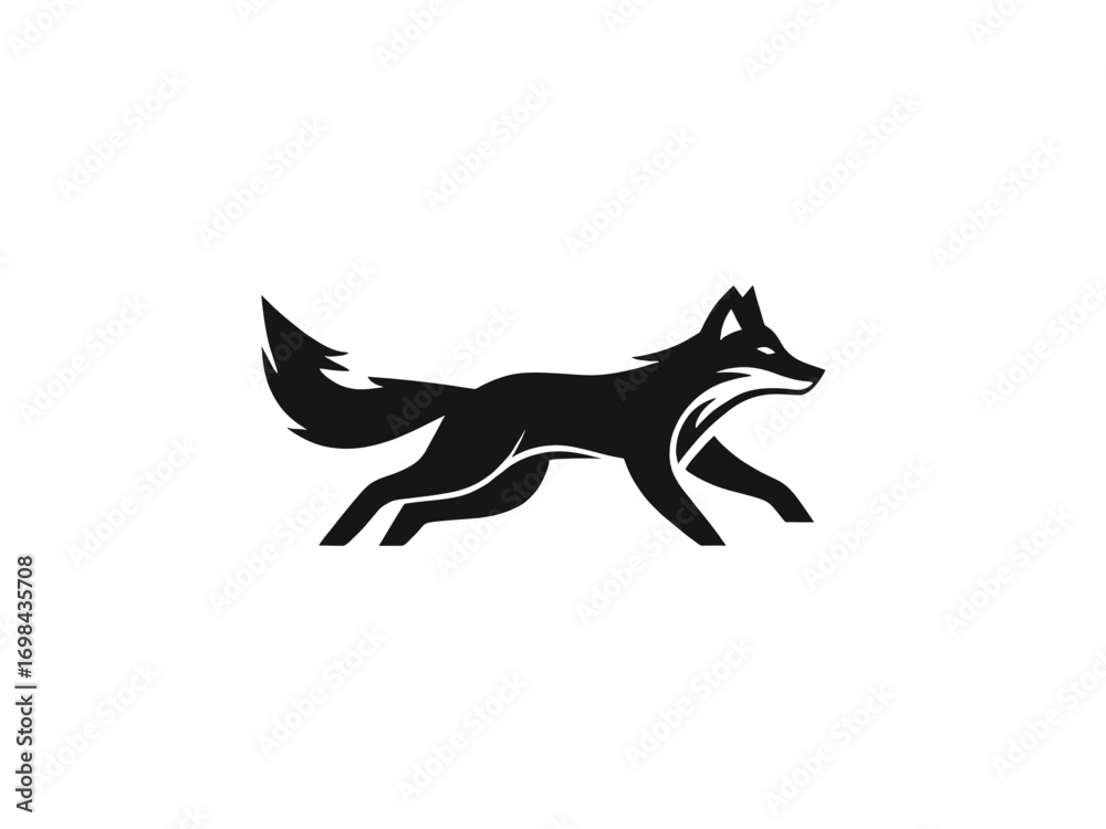 Fototapeta premium Dynamic and sleek black running fox silhouette. A minimalist and modern animal logo design, isolated vector graphic for branding