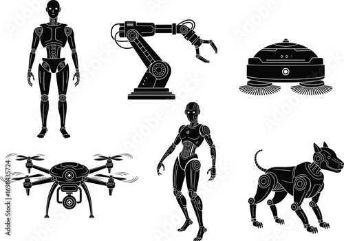 Robotic technology vector set, humanoid robot, drone, robotic dog, automation machine, AI devices, futuristic silhouette icons, industrial and domestic robots