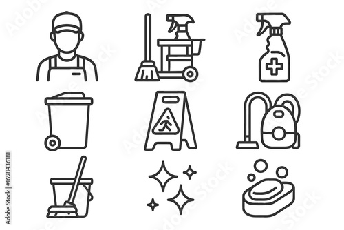 Cleaning Service Line Icons – Sanitation, Hygiene and Housekeeping