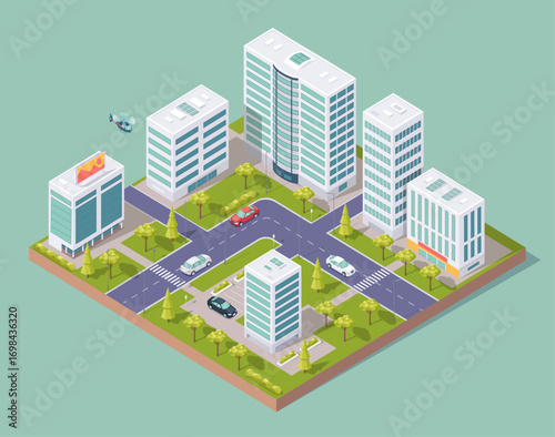 Vector isometric city buildings and transport cartoon illustration