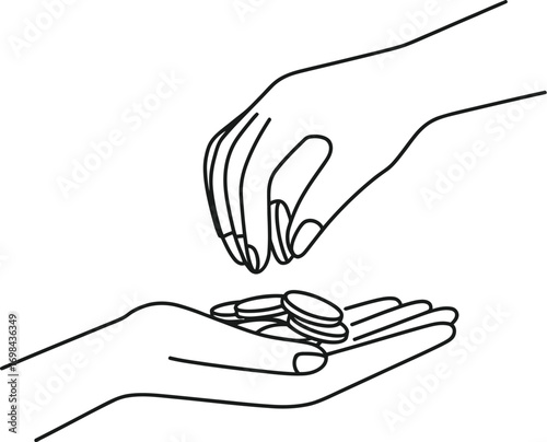 Generous hand offering coins to open palm, symbolizing giving and receiving