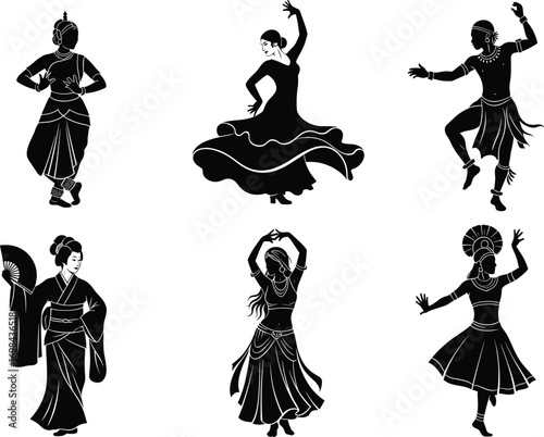 Traditional dance silhouettes, cultural dancers in motion, global folk dance styles, ethnic costumes, graceful poses, vector illustration, black silhouette, heritage art