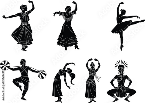 Traditional dance silhouettes, classical dancers, cultural poses, ethnic costumes, ballet vector, tribal movement, ceremonial gestures, black icons, performing arts illustration set