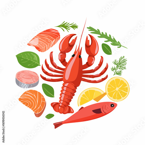 Cartoon raw seafood. Sea fish gourmet food, crayfish squid shrimp salmon crab trout shellfish, lobster, ocean red meat recipe