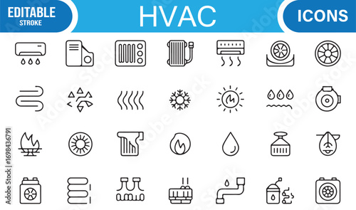 Industrial HVAC line icons collection featuring flame, snowflake, water drops, and thermostat tools