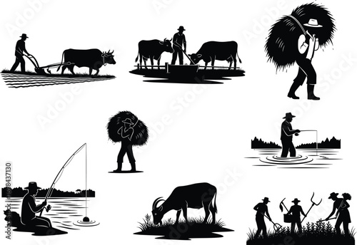 Traditional farming, rural lifestyle, agricultural labor, fishing, ox plowing, hay carrying, crop harvesting, countryside silhouettes, nature work, village life, vector art