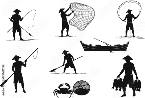 Traditional fishing silhouettes, fishermen with nets, spears, boats, seaweed, crab, paddling, coastal lifestyle, marine tools, cultural fishing methods, vector illustration