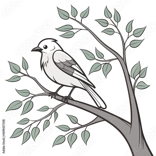 White bird perched on tree branch with green leaves nature