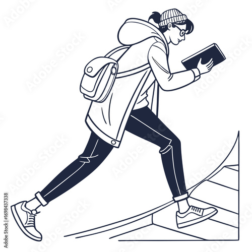 Student hurrying up stairs book in hand winter coat student