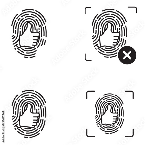 Set of fingerprint scan icons. thumb print symbol with approve and disapprove sign.