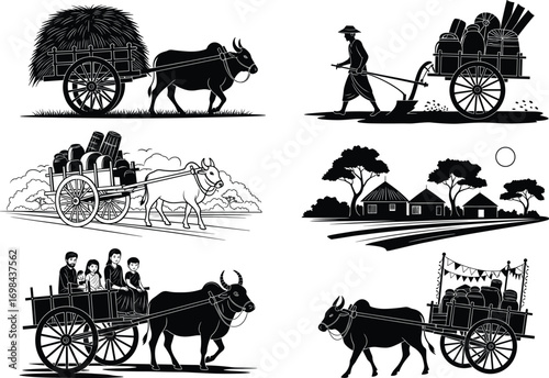 Traditional ox cart scenes, rural transportation, village lifestyle, black and white vector set, farming culture, countryside travel, heritage illustration, vintage style