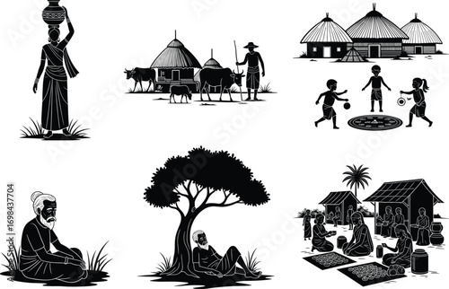 Traditional rural village life illustration, tribal huts, cultural lifestyle, farming community, people gathering, countryside scene, ethnic heritage, black and white vector art