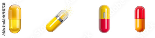 Various Capsules Medication And Supplements Health Care Medicine isolated on transparent background.