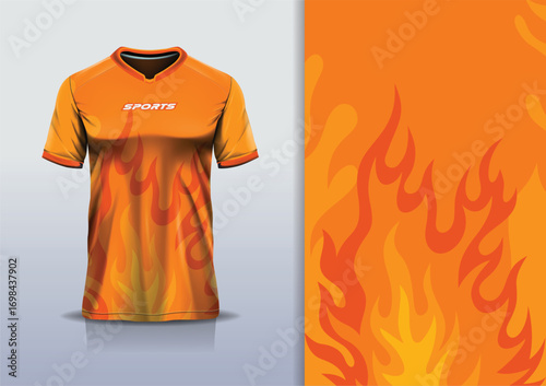 Sport jersey design template mockup flame fire line star pattern for football soccer, running, esports, orange red color
