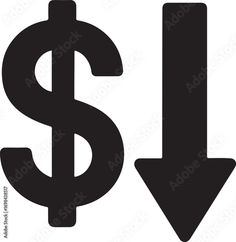 Isolated dollar down icon, black dollar decline vector, minimal financial loss silhouette, outline money down symbol, economy crisis clipart, editable vector dollar icon
