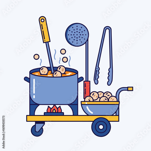 Illustration of a cooking scene with a pot of food, utensils, and a serving cart.