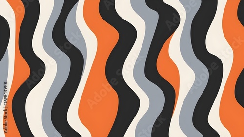 Abstract wavy pattern with retro colors, featuring flowing lines in orange, black, cream, and grey for a vintage design