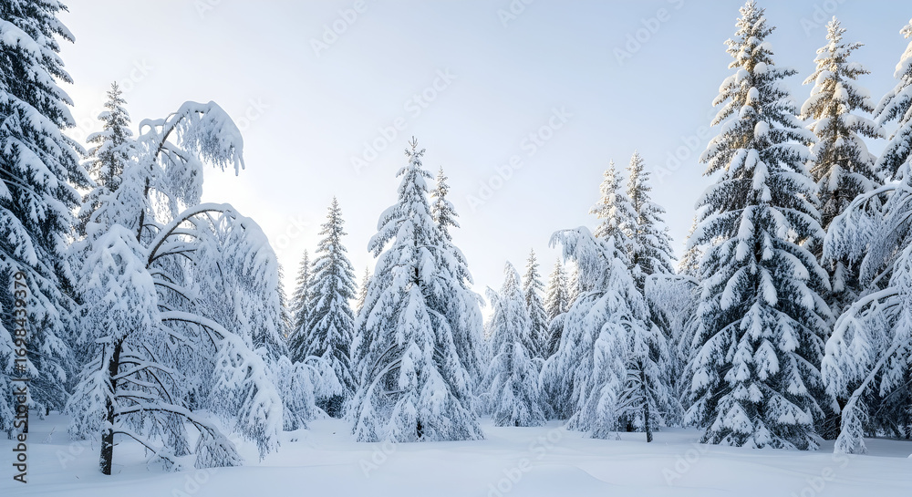 Obraz premium Serene winter landscape featuring snow-covered trees in a forest creating a peaceful and tranquil atmosphere
