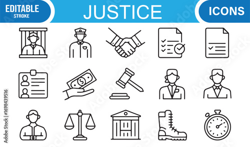 Police and justice system icon pack including courthouse, ID card, gavel, and corruption graphics
