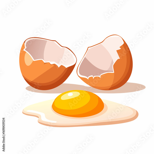 Fresh and boiled eggs. Cartoon broken eggs with cracked eggshell and egg half with yolk.
