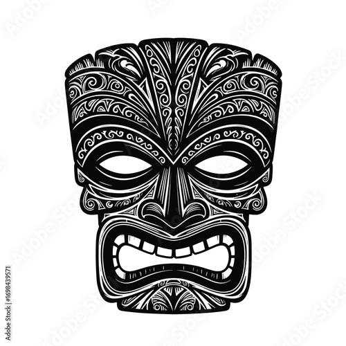 Intricate black and white illustration of a traditional Polynesian tiki mask with detailed carvings.