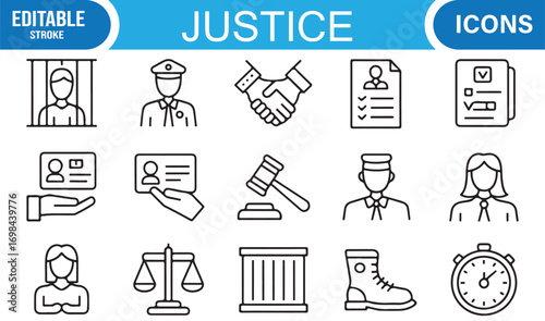 Legal rights and justice outline illustrations with prisoner, judge, lawyer, and government icons
