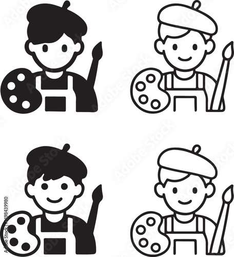 Isolated child painter icons, black painting kid vector, minimal art child silhouette, outline painter symbol, creative drawing clipart, editable vector child icon set