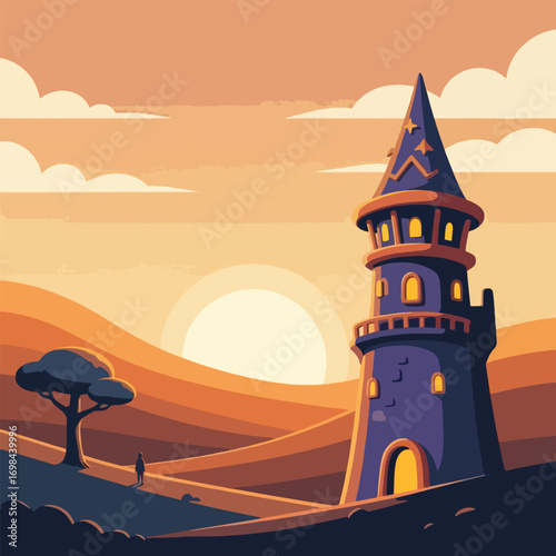 A magical wizard's tower with a pointed roof set against a backdrop of rolling hills and a golden sunset in a flat illustration style.