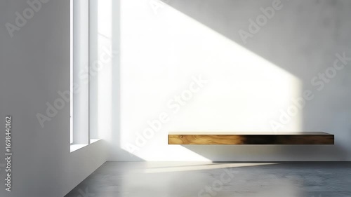 Sunlight streams through a window, illuminates a floating wooden shelf against a stark white wall in an empty room with a polished concrete floor.