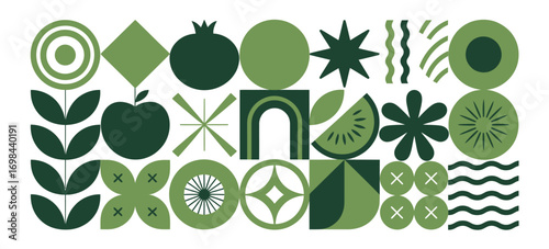 Abstract Geometric Food Pattern,  Minimal Vector Illustration with Natural Fruit and Plant Shapes for Eco Agriculture, Organic Branding, Textile Prints, and Packaging Design
