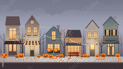 Halloween city. City decorated for Halloween. Houses, buildings, pumpkins, garlands. Holiday party concept. Vector illustration of city street decorated for Halloween.