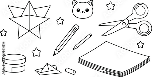 Craft supplies line art, paper origami, pencil and scissors drawing, black and white stationery illustration, cute doodle objects for kids activityCraft supplies line art, paper origami, 