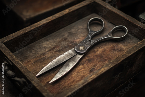 old scissors on wooden table