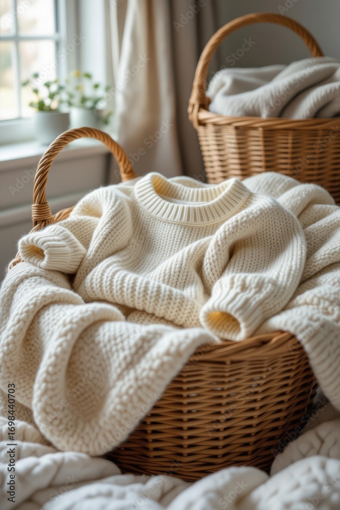 Fototapeta premium Knit sweater in laundry basket, cozy atmosphere with children's clothing on window sill. Concept of knit sweater in laundry basket, natural lighting highlighting comfort and style.