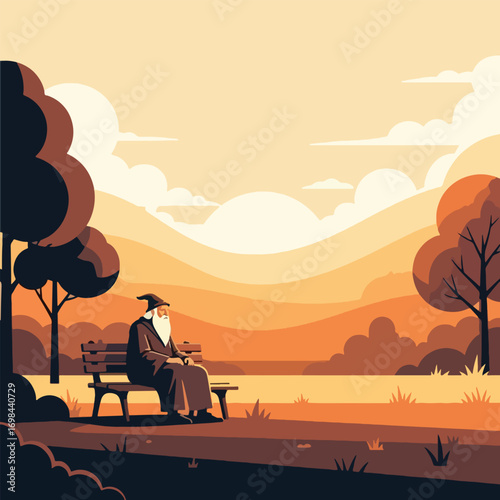 A solitary wizard with a long white beard sits on a park bench, contemplating a serene, warm-toned landscape at sunset.