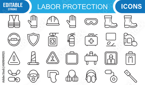 Industry and labor protection vector icons featuring securewear, masks, barriers, and safety gear