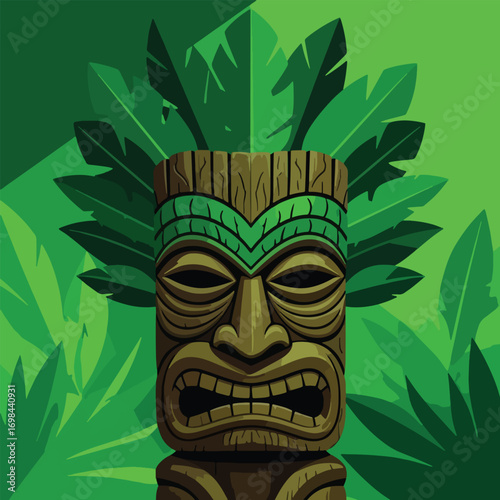 A close-up illustration of a carved wooden tiki mask with a fierce expression, set against a backdrop of lush green tropical foliage.