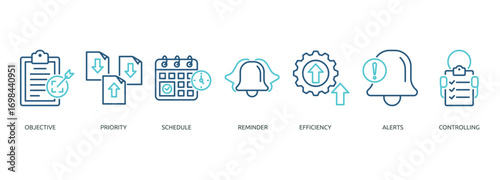 time management outline color banner icon of objective, priority, schedule, reminder, efficiency, alerts, controlling