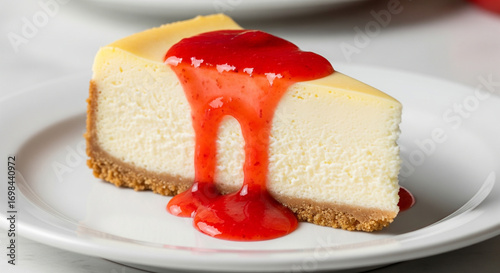 Slice of New York cheesecake with strawberry sauce, realistic food photo