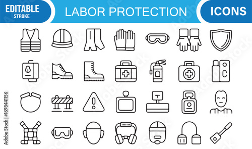 Workplace prevention icons set with industrial safety items like boots, shield, and sanitizer