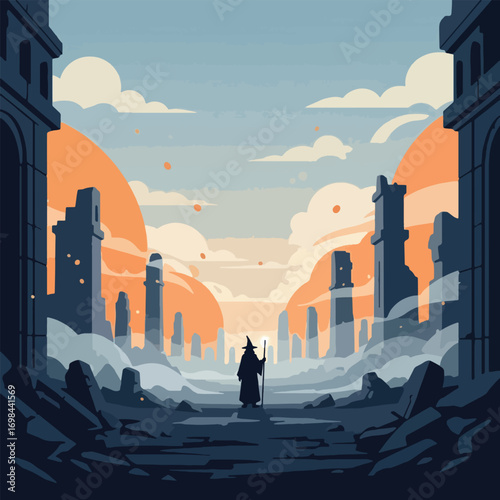 Silhouette of a wizard in a ruined city landscape at dawn.