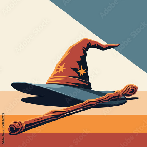 A minimalist illustration of a classic wizard's hat and a magic wand against a striped, retro-colored background.