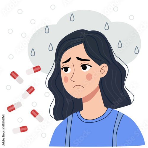 Woman feeling depressed with pills. Mental health struggle concept. Sadness and illness.