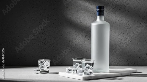 Premium Clear Spirit in a Frosted Bottle with Two Iced Shots on a Marble Tray Against a Concrete Wall
